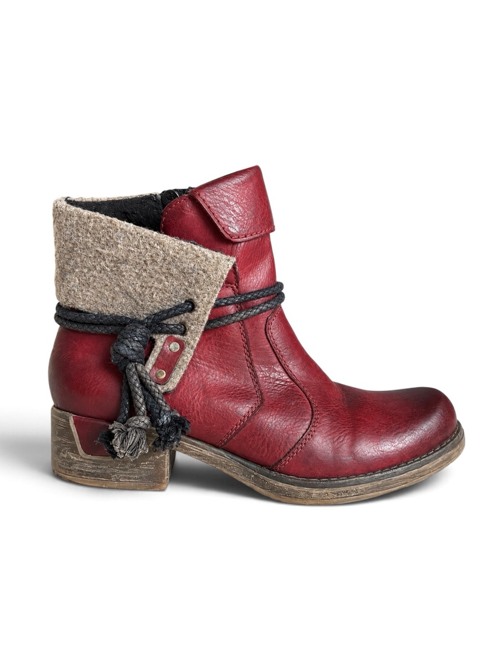 Rieker Burgundy Red Ankle Boots Felt Cuff Side Zip Size 37 (US 6.5)